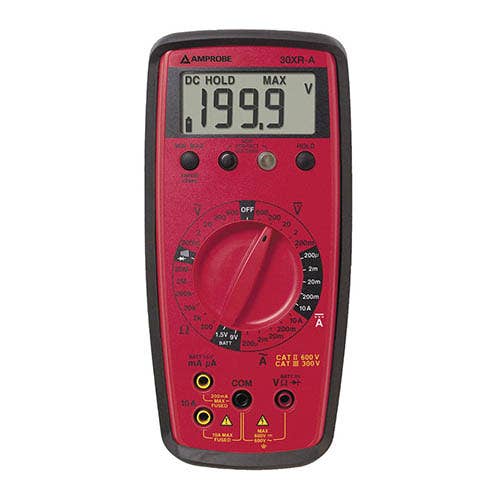Amprobe 30XR-A digital multimeter front view showing the LCD reading 199.9 V and the red rotary function dial.