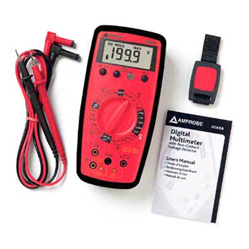 Amprobe 30XR-A digital multimeter kit contents with red and black test leads, magnetic hanging strap and users manual.