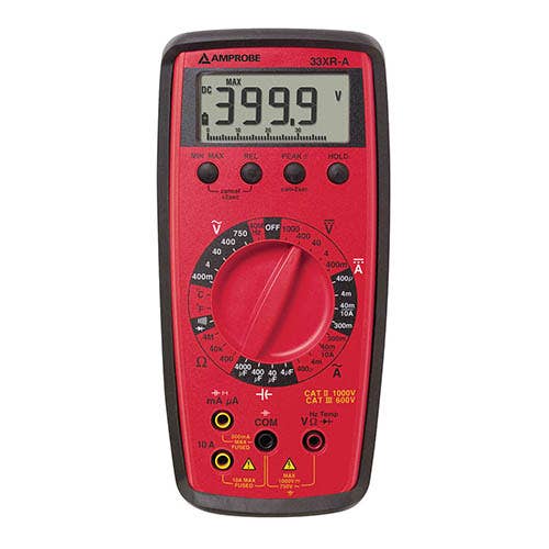 Amprobe 33XR-A manual ranging digital multimeter front view showing the LCD display, rotary function dial and input jacks.
