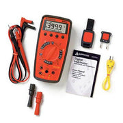 Amprobe 33XR-A digital multimeter kit contents including test leads, Magne-Grip holster, magnetic hanging strap, temperature probe and user manual.