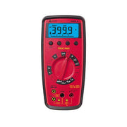 Amprobe 34XR-A digital multimeter front view showing the backlit display reading 399.9 volts and the red rotary function dial.