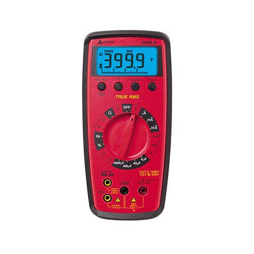 Amprobe 34XR-A digital multimeter front view showing the backlit display reading 399.9 volts and the red rotary function dial.