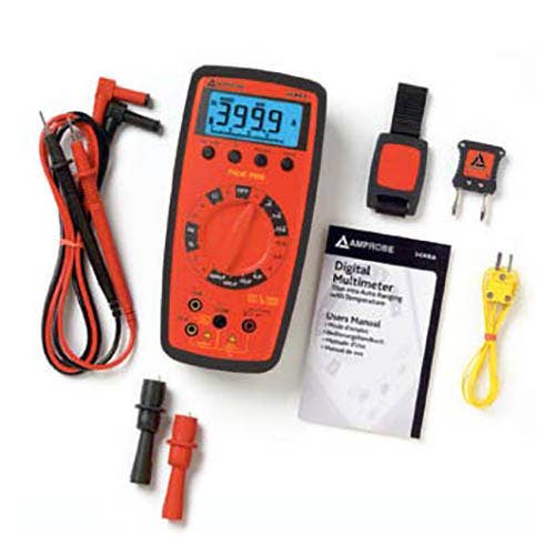 Amprobe 34XR-A digital multimeter kit contents with test leads, magnetic hanging strap, thermocouple adapter, K-type thermocouple lead and user's manual.