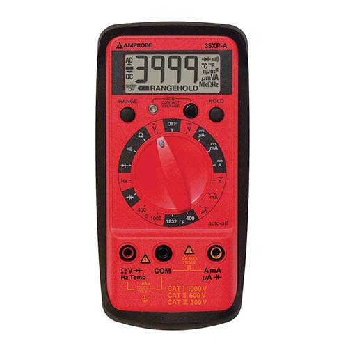 Amprobe 35XP-A compact digital multimeter front view showing the LCD display, rotary function dial and input jacks.