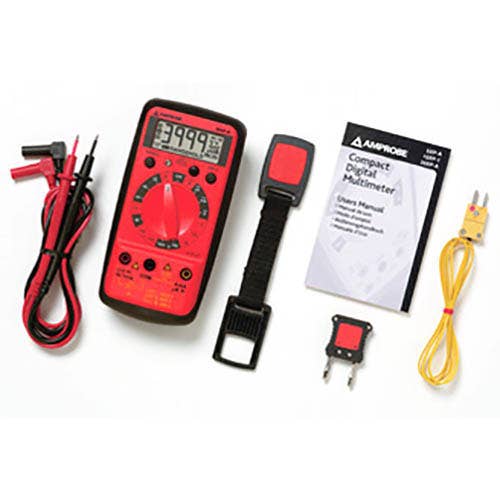 Amprobe 35XP-A digital multimeter kit contents with test leads, Magne-Grip holster, type-K thermocouple, adapter and users manual.