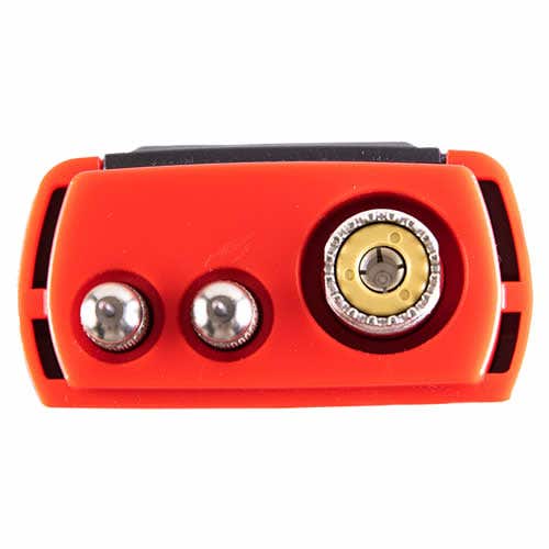 Delmhorst BDX-30 moisture meter electrode head top-down view showing the two metal contact pins and brass connector socket.