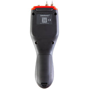 Delmhorst JX-30 Navigator wood moisture meter back view showing the label, CE mark and battery compartment.