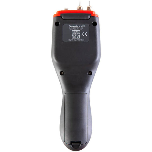 Delmhorst JX-30 Navigator wood moisture meter back view showing the label, CE mark and battery compartment.