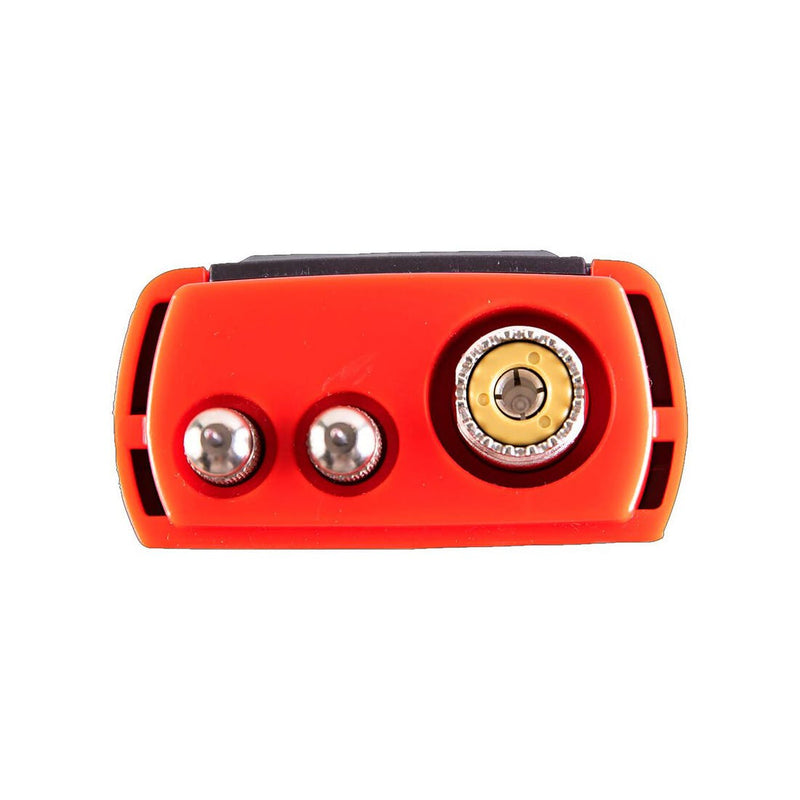 Delmhorst JX-30 Navigator wood moisture meter top view showing the two electrode pin contacts and connector on the orange end cap.