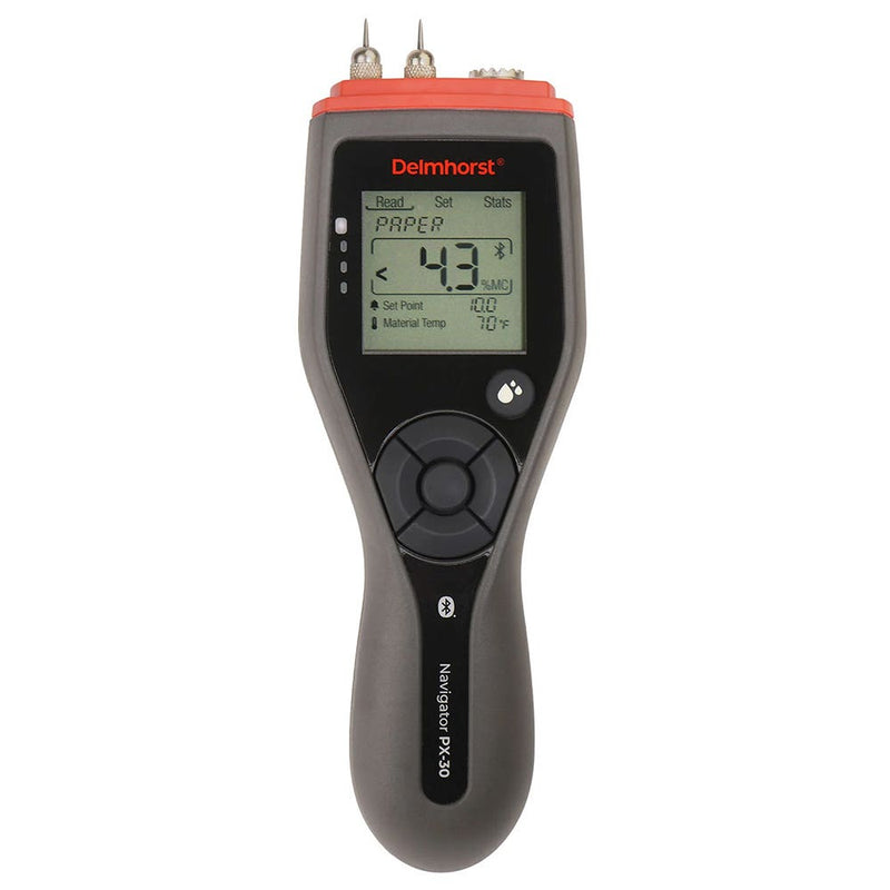 Delmhorst PX-30 Navigator pin-type paper moisture meter reading 4.3 percent moisture content with the active Bluetooth icon shown on the display and pins at the top.