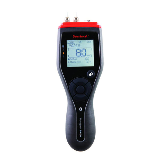 Delmhorst PX-30 Navigator pin-type paper moisture meter showing the display reading 8.0 percent moisture content on the paper scale with set point and material temperature.