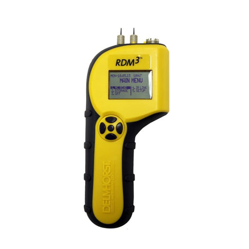 Delmhorst RDM-3/DFM digital flock moisture meter front view showing the backlit main menu display and rotary navigation pad.