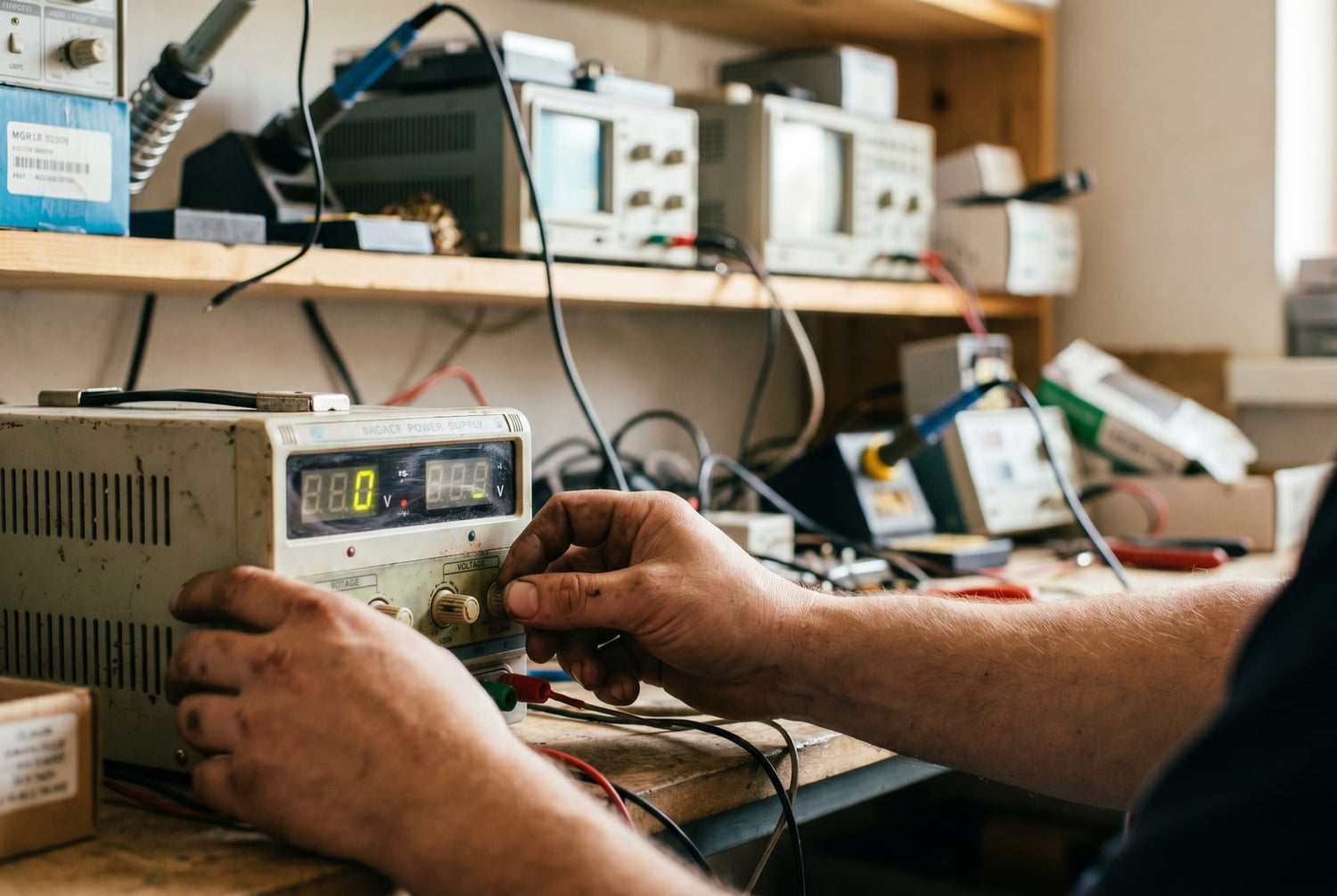 Technician adjusting a bench power supply in an electronics workshop