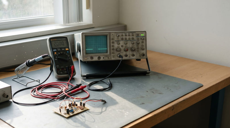Electronics test bench with an oscilloscope, bench multimeter and test leads